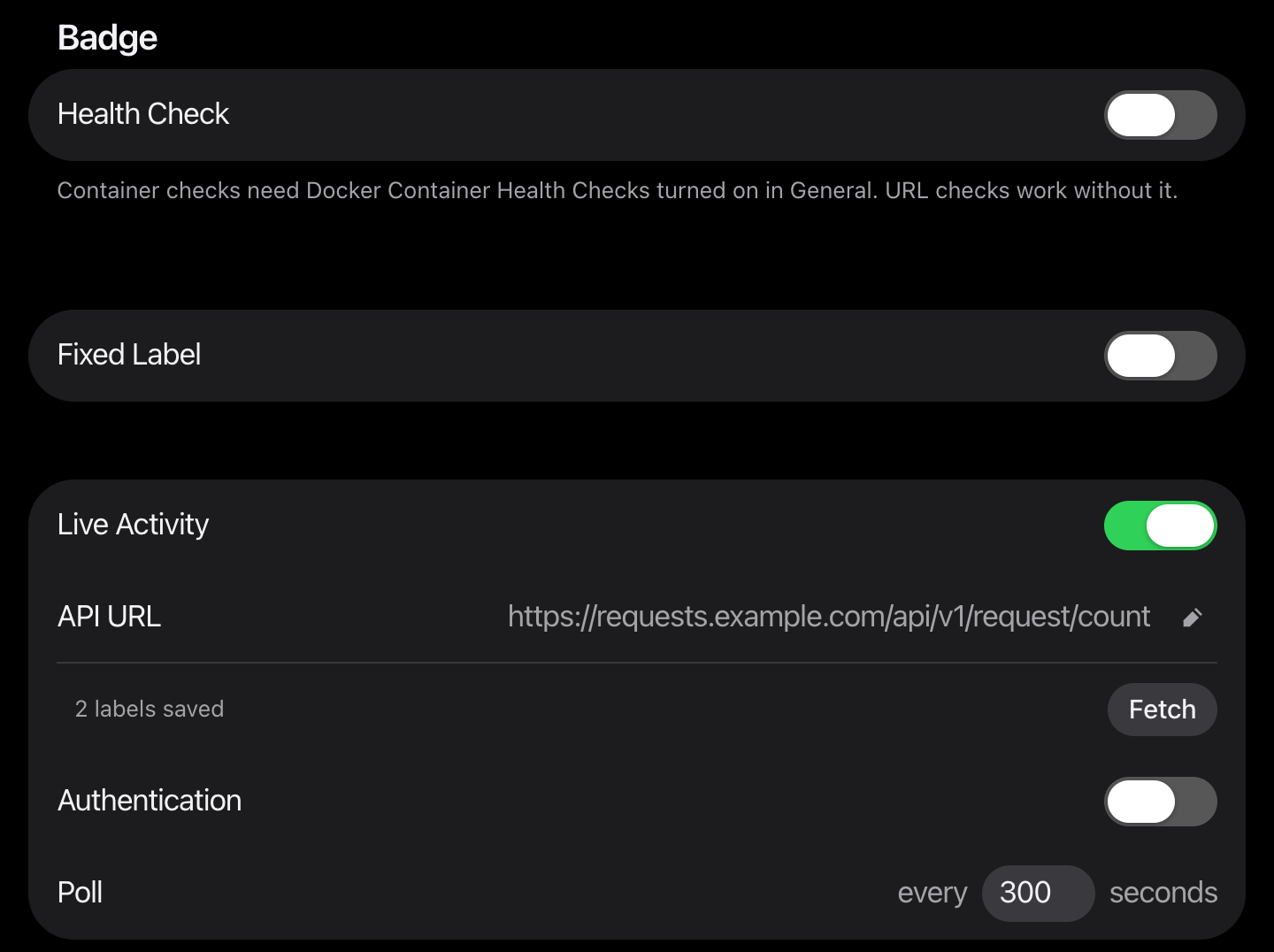 The Badge section of an app: Health Check, Fixed Label and Live Activity